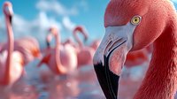 Close up portrait of pink flamingo head with flock in soft focus background, showing detailed feathers and distinctive curved beak in natural habitat.