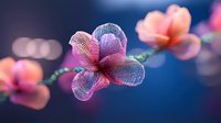 Delicate pink mesh butterfly flower with soft bokeh effect on deep blue background creates dreamy romantic atmosphere for nature and fantasy designs.