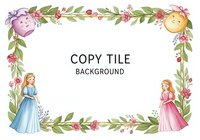 Watercolor floral frame with fairy tale princesses, sun, moon characters and pink flowers, tiles into a seamless background for cards and invitations.