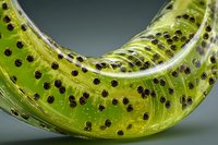 Fresh kiwi fruit slice macro photography showing detailed texture, seeds and translucent flesh. Food photography for healthy eating and nutrition concepts.