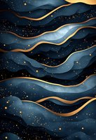 Abstract navy blue waves with golden lines and sparkles on dark background create luxurious pattern for modern interior design and packaging decoration.