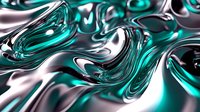 Liquid metal abstract background with swirling turquoise and silver chrome waves creating dynamic flowing pattern. Modern artistic design for technology concepts.