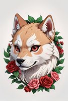 Fox head portrait with red roses and green leaves wreath. Stylized animal art with detailed fur texture and red eyes on light background. For tattoo, print design.