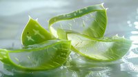 Fresh cut aloe vera plant pieces with natural gel and water drops on light background, closeup macro shot for cosmetic and wellness concept.