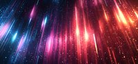 Vibrant diagonal light streaks in blue, pink and red colors create dynamic motion effect against dark background with glowing particles and bokeh elements.