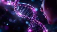 Glowing DNA helix structure with purple and pink particles against dark background, with silhouette of face observing genetic science visualization.