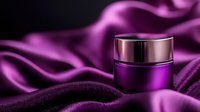 Luxurious purple cosmetic jar on silky fabric background with elegant folds and soft lighting, showcasing premium skincare product packaging for beauty industry.