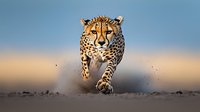 Majestic cheetah sprinting at high speed across dusty terrain, kicking up sand and dirt particles against blurred natural background during golden hour lighting period.