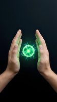 Two hands with pale skin holding a glowing green energy orb between them against dark background. Concept for renewable energy, power, magic, healing, technology, and sustainability projects.