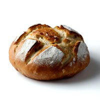 Fresh artisanal sourdough bread loaf with crispy golden crust and flour dusting on white background, close-up view showing texture and scoring marks.