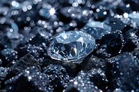 Brilliant cut diamond on dark surface with sparkling bokeh lights and water drops creating magical luxury atmosphere. Macro jewelry photography.