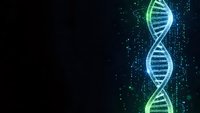 Glowing DNA double helix structure with digital particles on dark background for biotechnology and genetic research presentations.