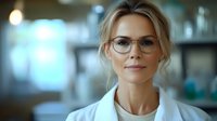 Professional woman in white lab coat and glasses with confident smile against blurred medical office background, representing healthcare expertise.