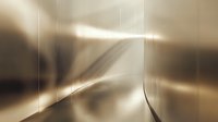 Minimalist curved corridor with dramatic lighting effects and metallic walls creating futuristic architectural perspective. Soft sepia tones and light beams add depth and atmosphere.