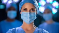Medical professional in surgical mask and cap against blurred hospital background with bokeh lights, conveying healthcare, safety and medical expertise in modern setting.