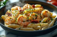 Creamy penne pasta with juicy grilled shrimp, garnished with fresh herbs and lemon in rustic black plate, steam rising from hot dish, close-up food photography.