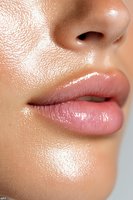 Close-up of glossy natural pink lips and glowing dewy skin showing moisturized, healthy complexion with highlighting effect for beauty and cosmetic advertising.