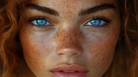 Close-up portrait of young Caucasian woman with striking blue eyes, natural freckles and curly red hair for beauty and skincare campaigns.