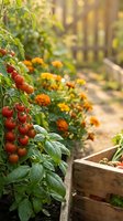 Ripe red cherry tomatoes growing on vine in raised wooden garden bed with orange marigold flowers in warm sunlight for organic vegetable gardening.