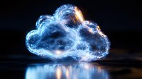Glowing blue cloud shape with light effects floating above reflective surface against dark background, representing digital cloud technology and data storage.