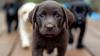 Adorable chocolate Labrador retriever puppy with bright blue eyes looking directly at camera, close-up portrait showing sweet expression and soft features.