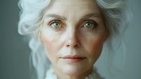 Senior woman with white wavy hair and green eyes, neutral expression, studio portrait against gray background, suitable for healthcare, wellness, aging, and diversity stock imagery.