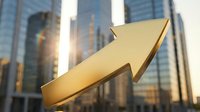 Golden arrow pointing upward against modern skyscrapers backdrop symbolizing business growth, success, and financial progress in urban setting.