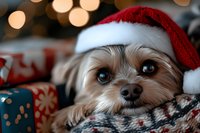 Yorkshire terrier wearing Santa hat rests on festive knit blanket with wrapped presents and bokeh lights in background, capturing holiday spirit and warmth.