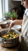 Young woman in apron cooking healthy vegetable stew in modern kitchen with fresh herbs and natural lighting for homemade meal preparation.