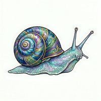 Colorful snail with ornate spiral shell featuring blue, purple, and gold patterns, isolated on white background for design projects and illustrations.