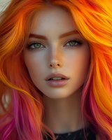 Young woman with vibrant orange and pink hair, natural freckles, and striking blue eyes in artistic beauty portrait with soft lighting and dreamy atmosphere.