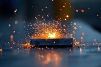 Bright orange sparks and glowing particles explode from metal surface against dark background, creating dramatic industrial atmosphere for manufacturing themes.