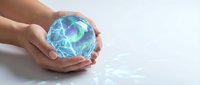 Hands protecting glowing Earth planet with electric energy aura symbolizing environmental conservation and sustainable future on white background.