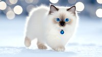 Adorable Ragdoll kitten with bright blue eyes and collar sitting on white surface with bokeh lights background for pet photography and holiday themes.