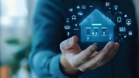 Glowing holographic smart home interface floating above hands with connected IoT devices and technology icons circling in dark blue atmosphere.