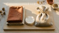 Natural linen napkins and gift bag with candle on wooden tray, earth tone table setting for sustainable dining and eco-friendly home decor styling.