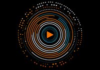 Circular audio visualization with play button in center, featuring concentric rings in orange, white and blue on black background, surrounded by dotted pattern.