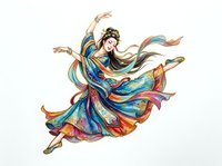 Graceful female dancer in flowing, colorful traditional costume with vibrant blue, gold, and red fabrics mid-performance leap. Isolated on white background for design use.