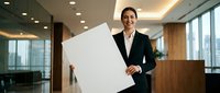 Professional businesswoman holding blank white poster in modern office space for corporate presentation and marketing display.