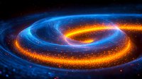 Glowing spiral galaxy with vibrant blue and orange light trails swirling through dark space, creating dynamic cosmic motion effect for astronomy and science designs.