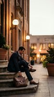 Professional businessman sitting on stone steps in elegant courtyard with warm evening lighting and classical architecture for corporate lifestyle concepts.