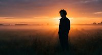 Silhouette of young man standing in misty field during golden sunrise with warm orange sky and peaceful countryside landscape for meditation concepts.