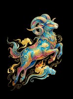 Ornate ram with curved horns in vibrant blue, gold, and red tones, featuring decorative swirls and flourishes. Isolated on transparent background, ready for t-shirts, stickers, sublimation, and print-on-demand designs.