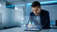 Young male professional in dark business suit interacting with holographic security interface displaying lock icons and cloud symbols on laptop for cybersecurity and data protection concepts.