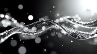 Flowing silver waves with glowing particles and bokeh effects on black background create dynamic motion and energy for technology and science designs.