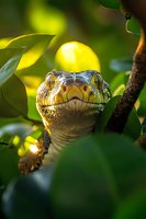 Close-up portrait of python snake head among green leaves with yellow bokeh background, showing detailed scales and hypnotic eyes in natural environment.