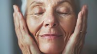 Senior Caucasian woman with closed eyes touching her face, expressing serenity and self-care in soft lighting, showcasing natural aging and skincare concept.