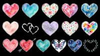 Assorted heart shapes with floral, watercolor, and decorative patterns isolated on transparent background, ready for t-shirt designs, stickers, clipart, sublimation, and print-on-demand projects.