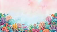 Colorful underwater coral reef watercolor border with tropical fish on soft pastel pink background, copy space for text or design.