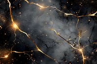 Glowing golden cracks on dark marble texture with sparkling light effects and smoky atmosphere create dramatic abstract background for luxury designs.